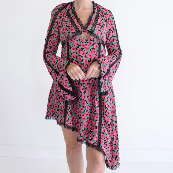 For Love And Lemons Pink Floral Asymmetrical Long Sleeve Lace Midi Dress  M - Picture 2 of 12